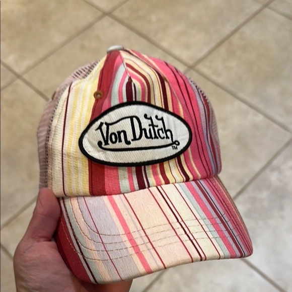 Vintage Y2K Pink Striped Von Dutch Patch Trucker Hat - Picture 1 of 7